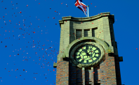 A picture of the clock tower in Coalville on Remembrance Sunday