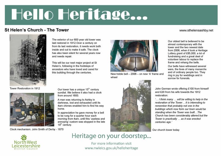 New board for Hello Heritage 2023 detailing the tower at St Helen's Church, Ashby de la Zouch