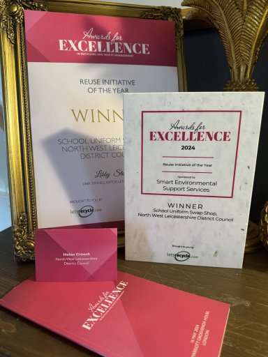 Image shows the Reuse Initiative of the Year Award at the Awards for Excellence in Recycling and Waste management 2024. Accompanied by Food Poverty Officer, Helen Crouch's place name.