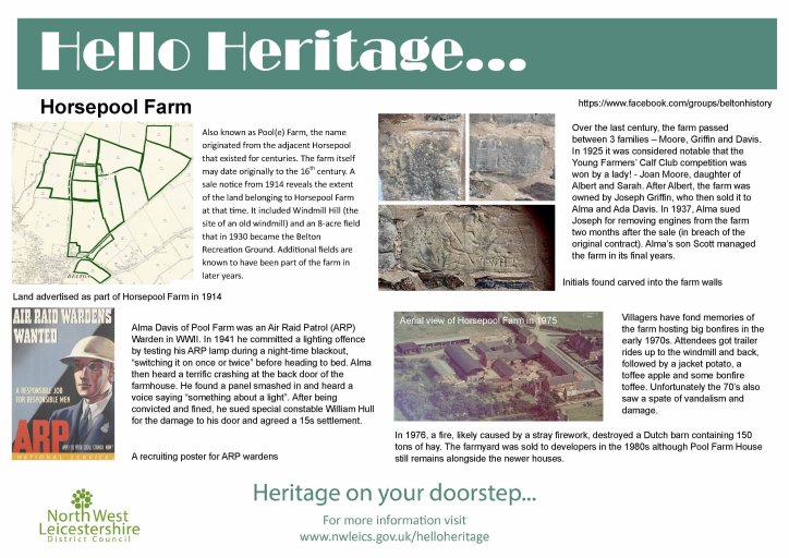 New board for Hello Heritage 2023 detailing Horsepool Farm at Belton