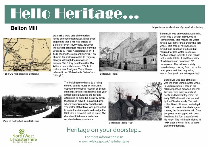 New board for Hello Heritage 2023 detailing Belton Mill at Belton