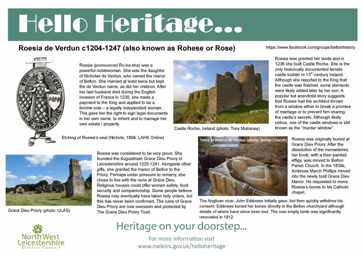 New board for Hello Heritage 2023 detailing Roesia de Verdun c1204-1247 (also known as Rohese or Rose) in Belton