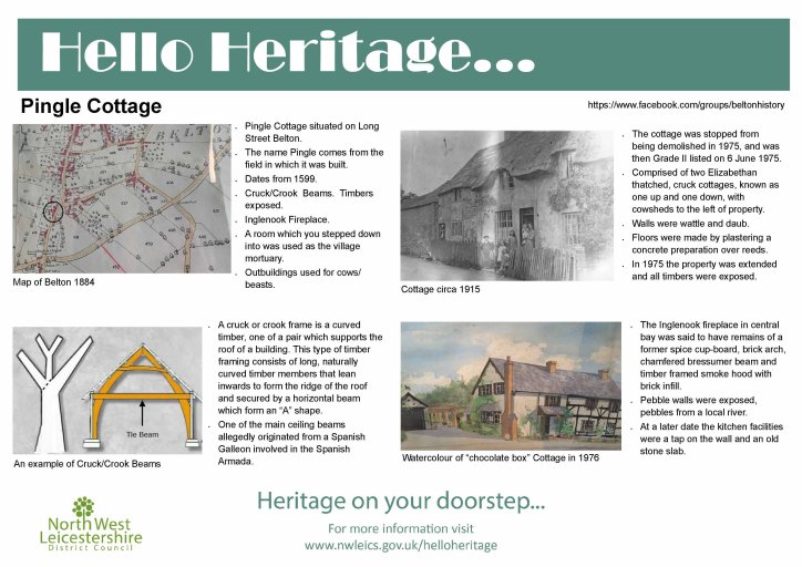 New board for Hello Heritage 2023 detailing Pingle Cottage at Belton