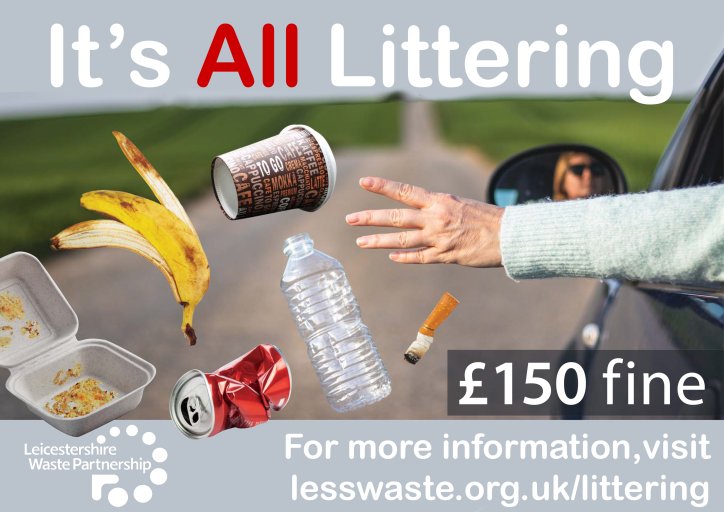 An arm is coming out of a car window, the driver's face can be seen in the wing mirror. Coming from the car is a banana skin, cigarette butt, plastic bottle, drinks can, disposable coffee cup and takeaway food container.. It's All Littering, £150 fine.