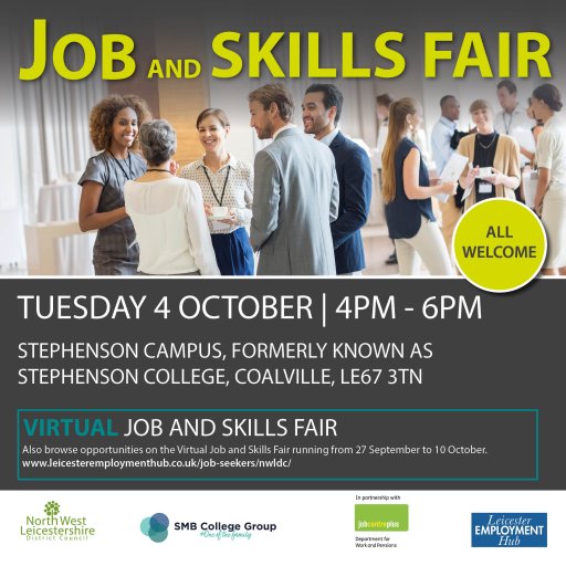 A graphic to promote the North West Leicestershire Job and Skills fair opportunities running from September to October.