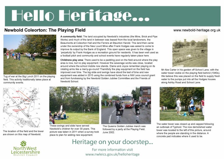 New Hello Heritage boards for 2023 detailing the Playing Field, Newbold Coleorton