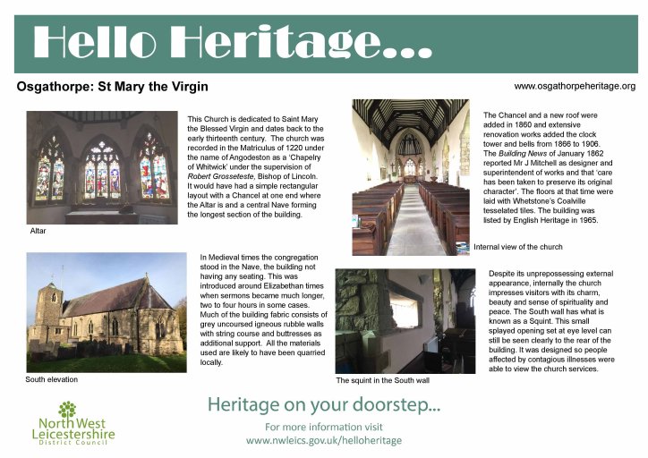 New board for Hello Heritage 2023 detailing St Mary the Virgin, Osgathorpe.