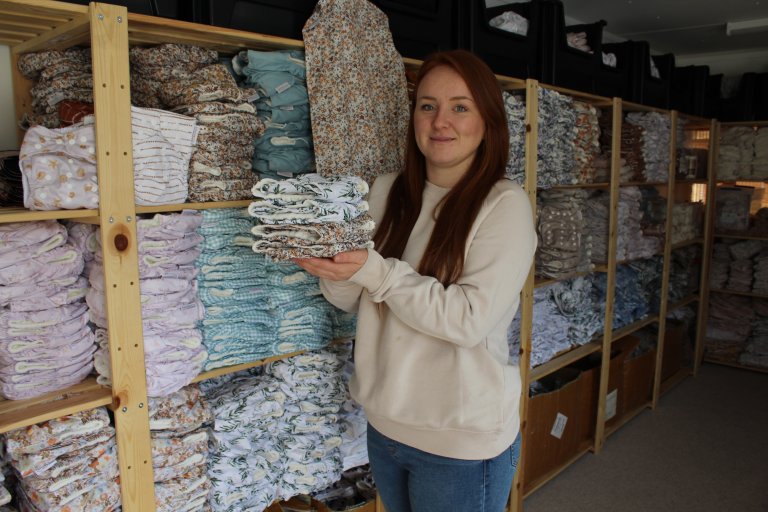 A photo of Stephanie Revill, owner of Modern Cloth Nappies, during a visit to her business following a successful application from North West Leicestershire District Council's Business Start-Up Grant.