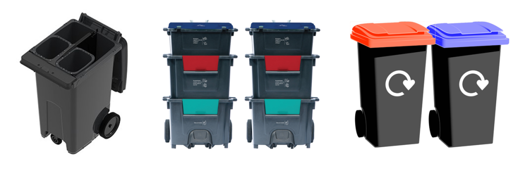 Three different types of recycling bins. The first is a wheeled bin showing four separate compartments inside. The second shows two recycling trollies made up of three boxes stacked on top of each other on a wheeled frame. The third bins shown is a red lidded wheeled bin next to a blue lidded wheeled bin.