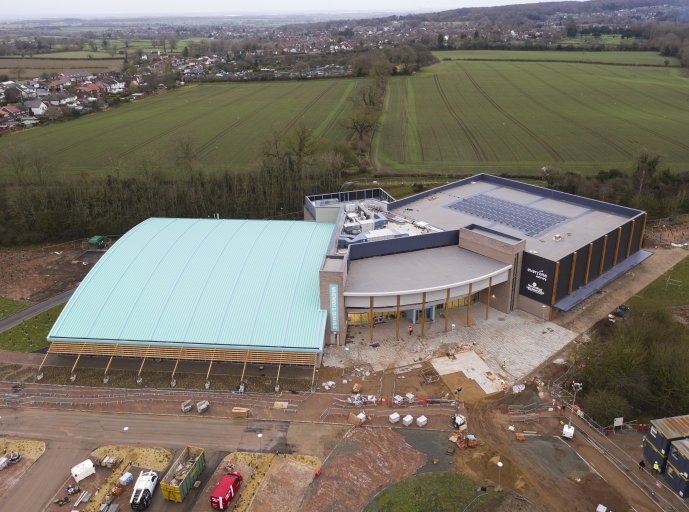 An aerial shot of the progress of the Whitwick and Coalville Leisure Centre in December 2021.