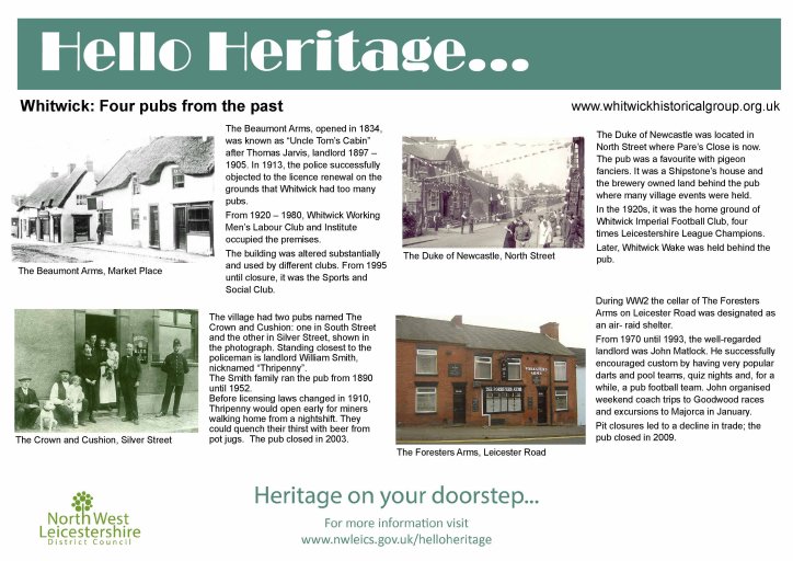 New board for Hello Heritage 2023 detailing information on four pubs from the past in Whitwick
