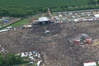 A aerial picture of Download Festival 2012, showing the main stage and the crowd