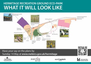 Image showing a plan of Hermitage recreation ground and the area that a proposed eco-park would cover, including a lake, footpaths and forest planting