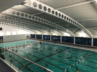 View of the main and learner pool from the balcony at the Whitwick and Coalville Leisure Centre